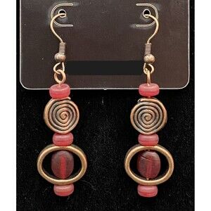 Handmade Aged Copper Swirl with Frosted Red Glass Bead Earrings by Neanie-Bot
